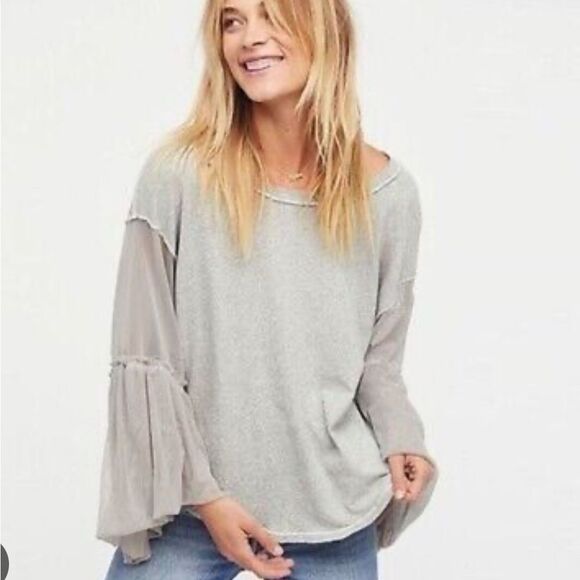 Free People Still Got It Mesh Bell Sleeve Top gray small - Picture 14 of 14